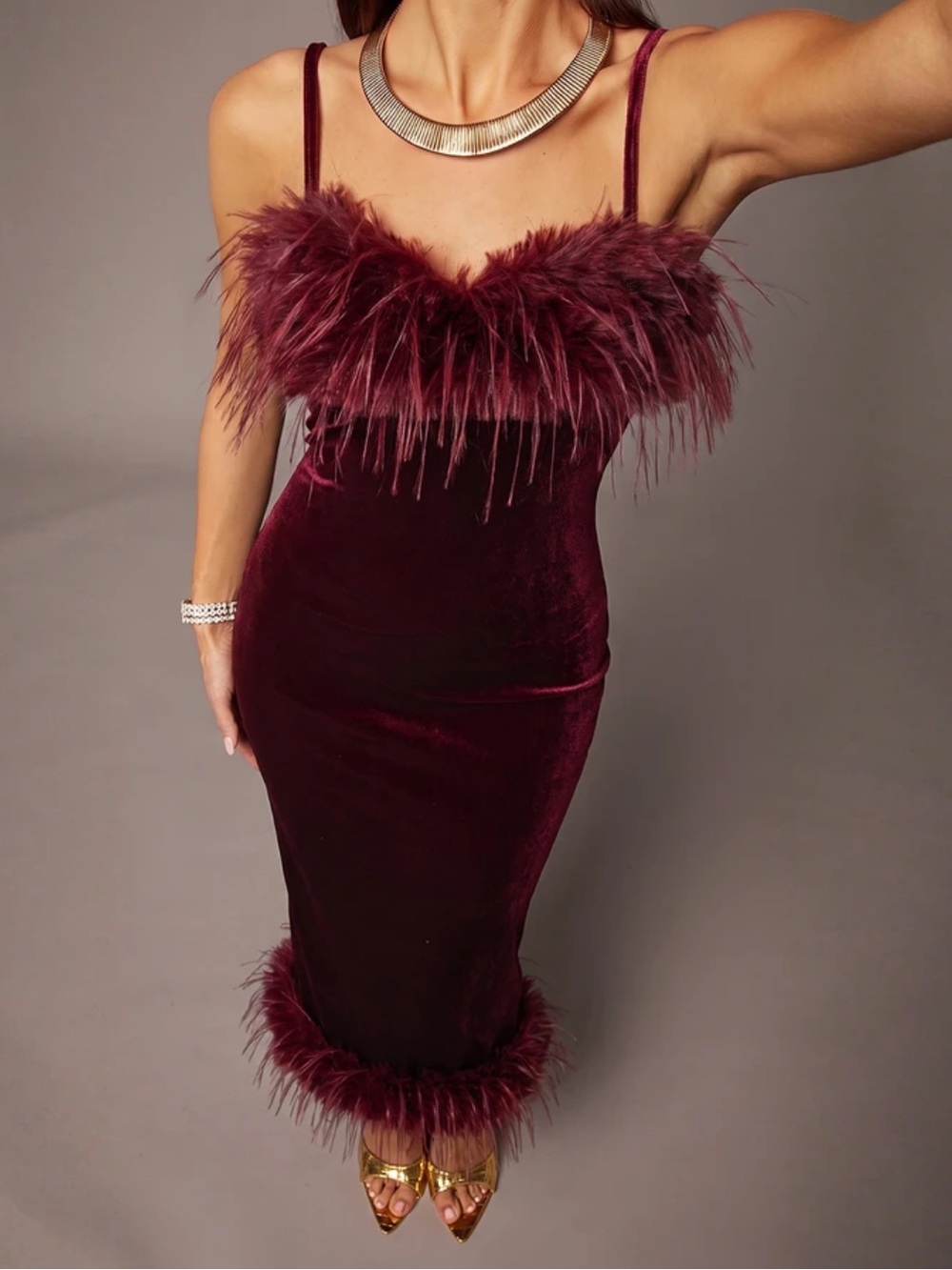 Feather Patchwork Sweetheart Neckline Fitted Sexy Fashion Velvet Midi